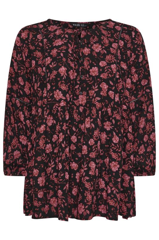 YOURS Plus Size Black Floral Print Long Sleeve Tie Neck Blouse | Yours Clothing 5