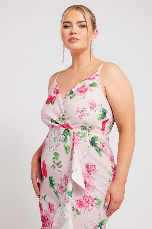 YOURS LONDON Plus Size Pink Floral Print Ruffle Midi Dress | Yours Clothing 1