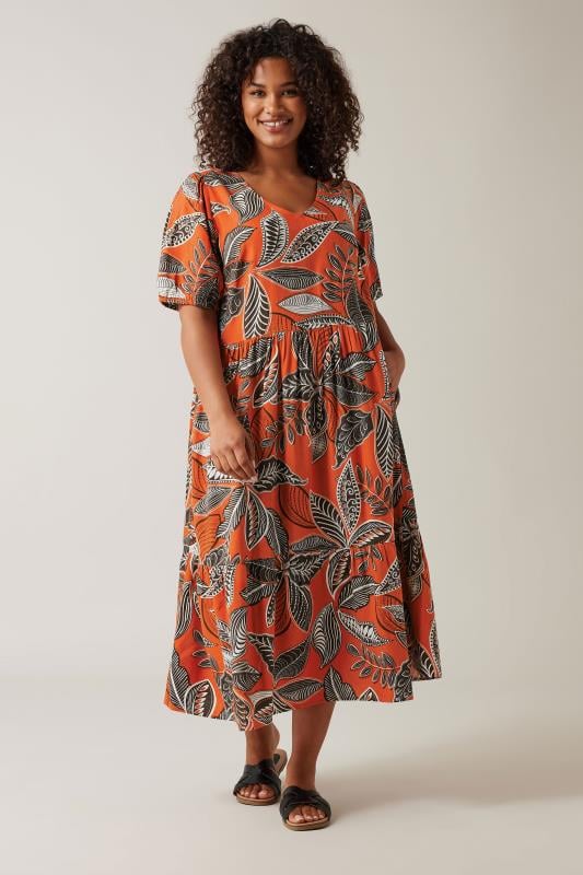 Plus Size  EVANS Curve Rust Orange Leaf Print Linen Midi Dress