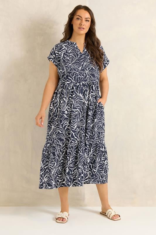  EVANS Curve Navy Blue Abstract Print Notch Neck Cotton Midi Dress