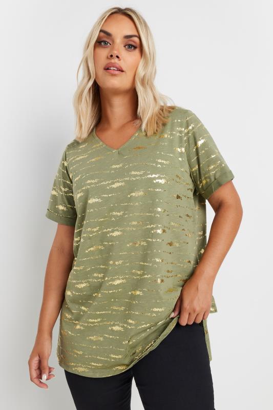 YOURS Plus Size Khaki Green Foil Print Top | Yours Clothing 1