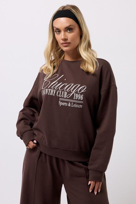 YOURS Plus Size Brown 'Chicago' Slogan Sweatshirt | Yours Clothing  1