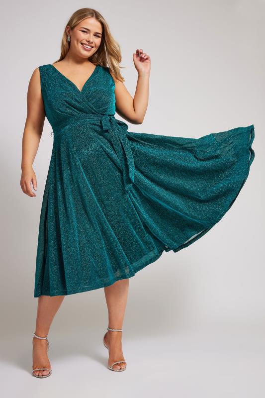 YOURS LONDON Plus Size Green Metallic Wrap Skater Dress | Yours Clothing 3