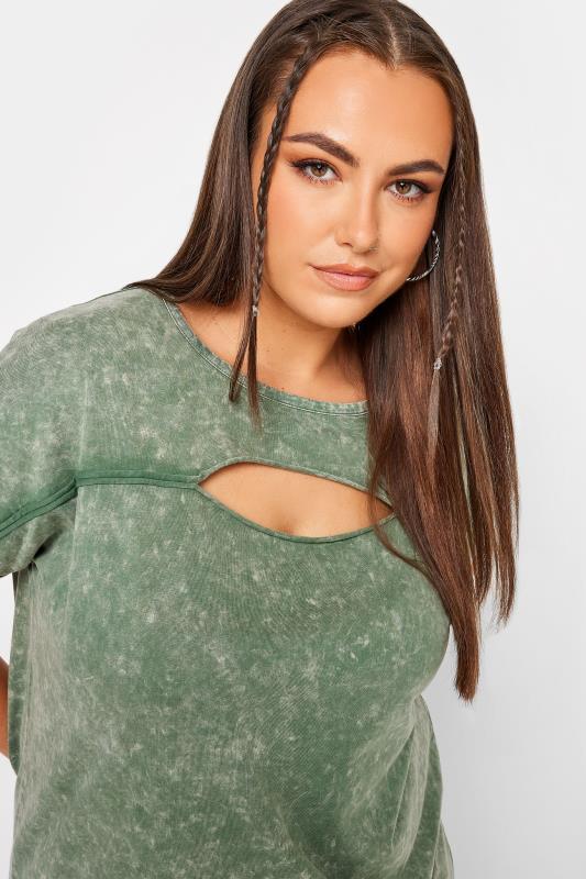 YOURS Plus Size Curve Khaki Green Acid Wash Cut Out T-Shirt | Yours Clothing  5