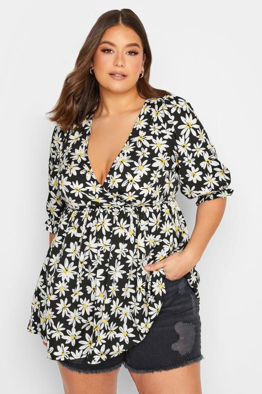 YOURS Plus Size Black Floral Print Wrap Top | Yours Clothing 1