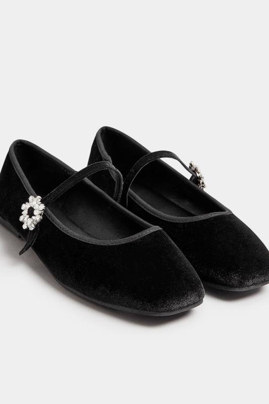 Black Velvet Diamante Mary Jane Ballet Pumps In Extra Wide EEE Fit | Yours Clothing 2