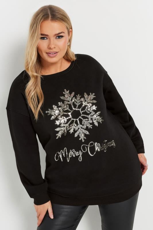  YOURS Curve Black Sequin Embellished 'Merry Christmas' Sweatshirt