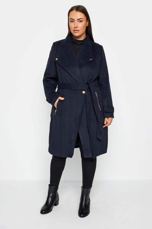Plus Size  City Chic Navy Blue Wool Blend Belted Coat