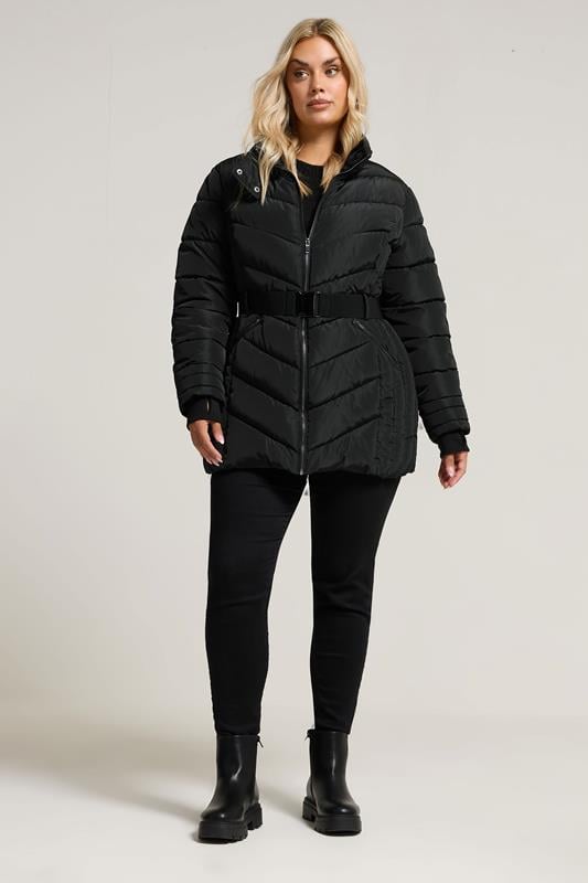 YOURS Plus Size Black Belted Puffer Coat | Yours Clothing 4