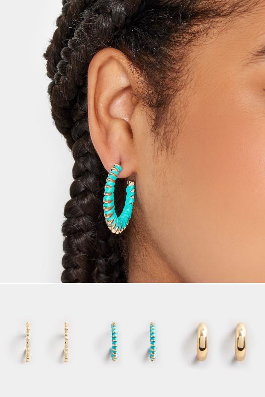 3 PACK Gold Tone Teal Hoop Earrings 1