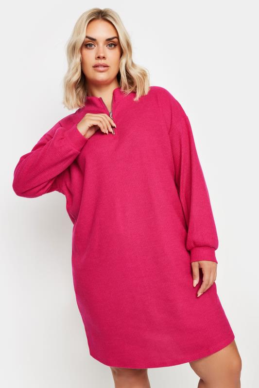 YOURS Plus Size Pink Ribbed Quarter Zip Jumper Dress | Yours Clothing 2