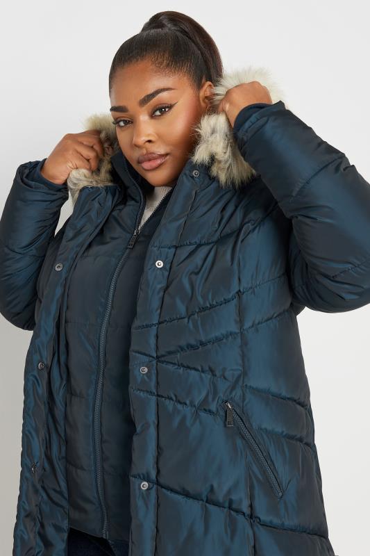 Plus Size  YOURS Curve Navy Blue Faux Fur Trim Puffer Coat