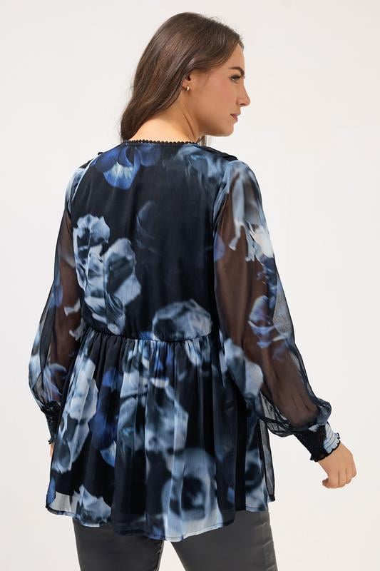 YOURS Plus Size Black Blurred Floral Tie Front Blouse | Yours Clothing 2