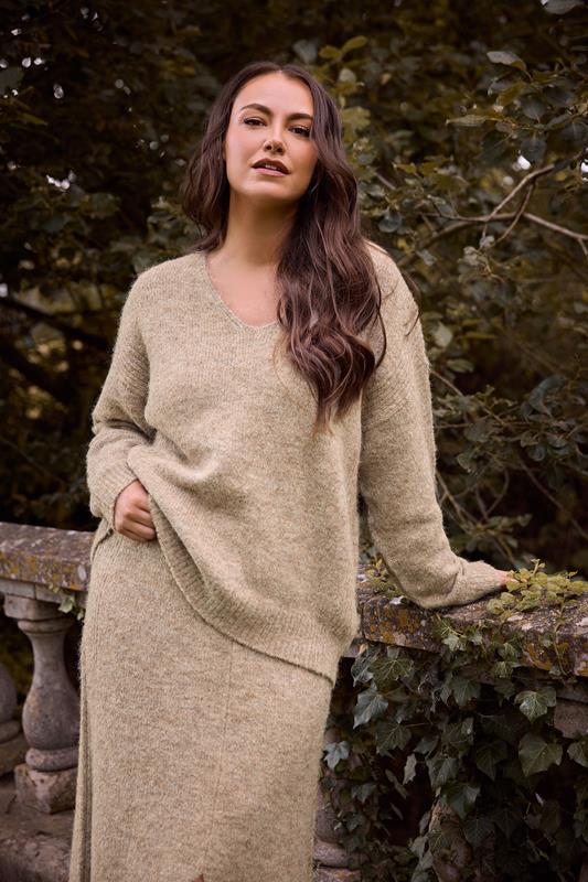 Plus Size  EVANS Curve Natural Brown Knitted V-Neck Jumper