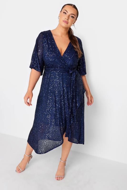 YOURS LONDON Plus Size Navy Blue Sequin Wrap Dress | Yours Clothing  2