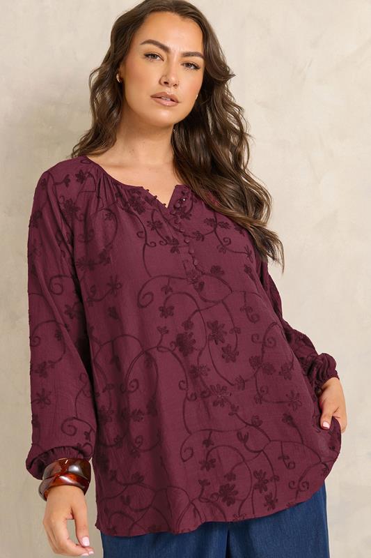 EVANS Plus Size Burgundy Red Floral Embroidered Blouse | Evans 1
