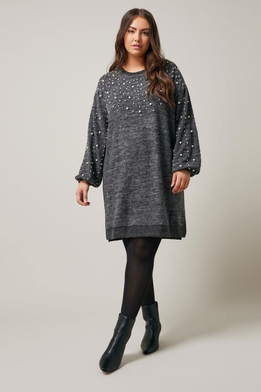 EVANS Plus Size Grey Pearl Embellished Jumper Dress | Evans 2