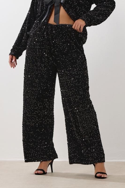 YOURS Plus Size Black Sequin Wide Leg Trousers | Yours Clothing 1