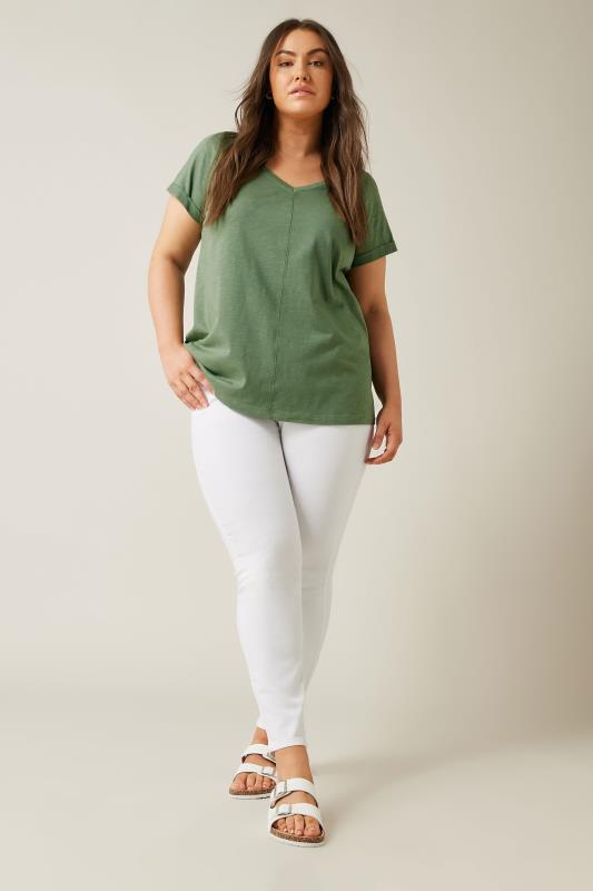 EVANS Plus Size Khaki Green Pure Cotton T-Shirt | Evans 3