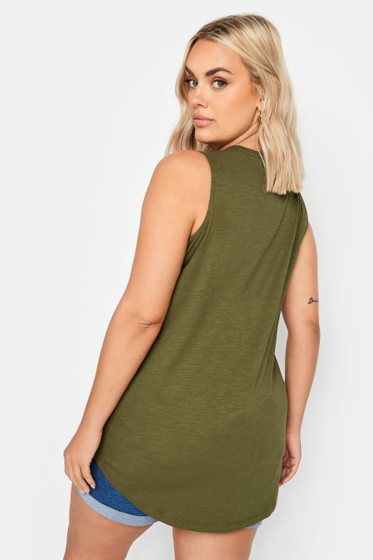 YOURS Plus Size Olive Green Pintuck Henley Vest Top | Yours Clothing 3