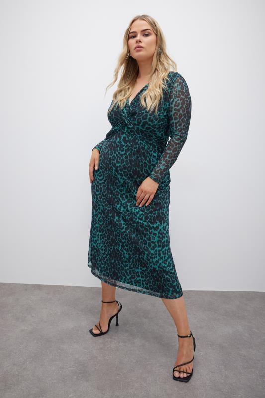 YOURS LONDON Plus Size Green Leopard Print Mesh Midaxi Dress | Yours Clothing  1