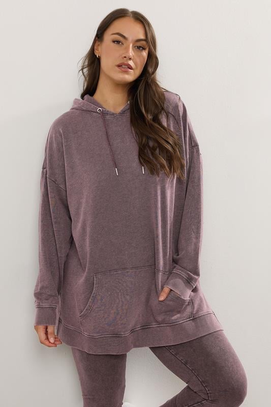 Plus Size  YOURS Curve Burgundy Red Acid Wash Hoodie