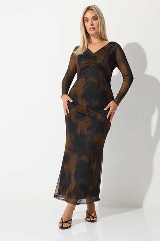  LIMITED COLLECTION Curve Brown Blurred Floral Mesh Maxi Dress