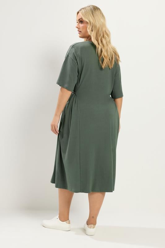 YOURS Plus Size Khaki Green Front Tie Midi Dress | Yours Clothing 2