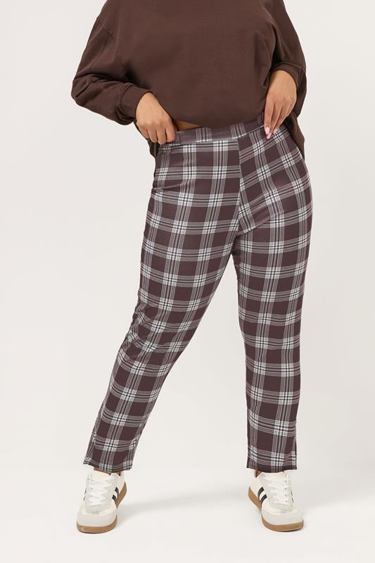 YOURS Curve Chocolate Brown Check Crepe Tapered Trousers