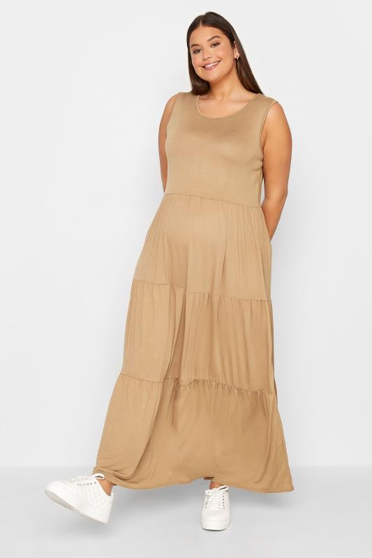 LTS Maternity Camel Brown Tiered Maxi Dress | Long Tall Sally  1