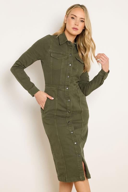  LTS Tall Olive Green Button Denim Midi Dress