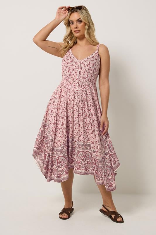 YOURS Curve Pink Paisley Print Hanky Hem Dress
