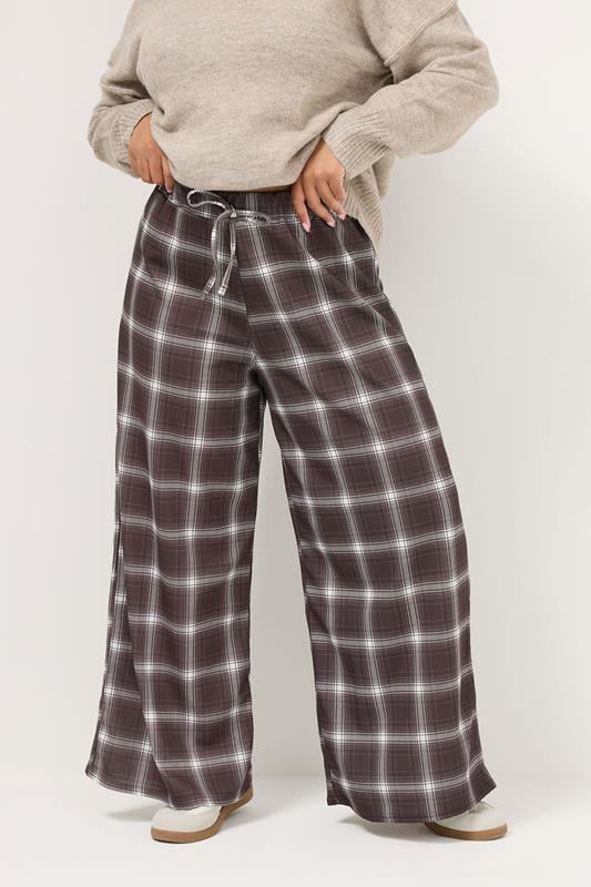  YOURS Curve Chocolate Brown Check Crepe Wide Leg Trousers