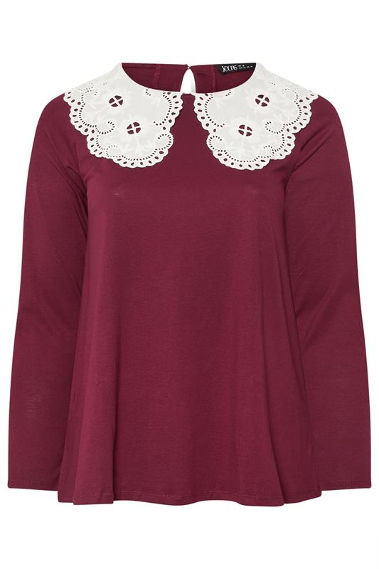 YOURS Plus Size Burgundy Red Broderie Anglaise Oversized Collar Top | Yours Clothing 5