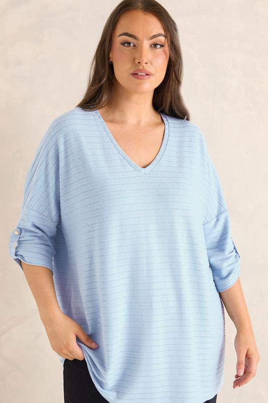 Plus Size  EVANS Curve Light Blue Tab Sleeve Ribbed Jumper