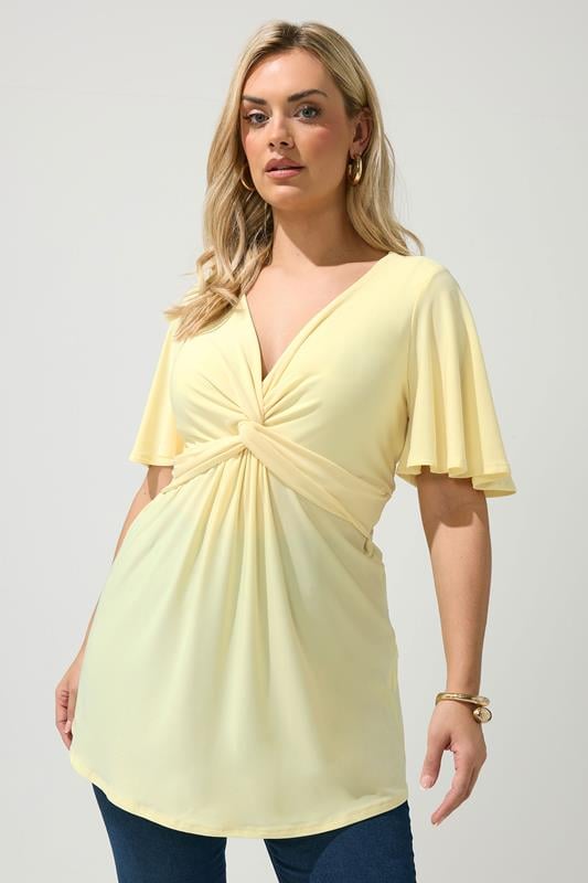YOURS LONDON Curve Yellow Knot Detail Front Short Sleeve Top
