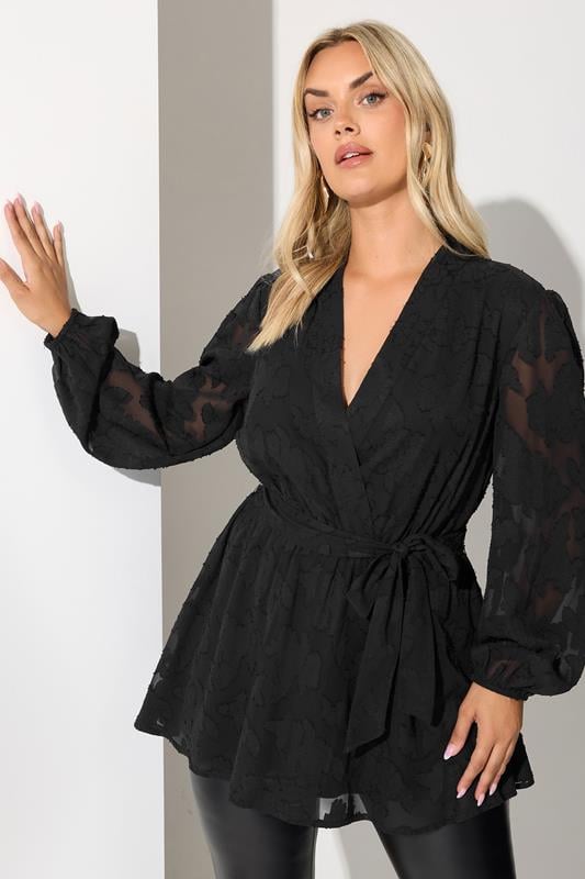 Plus Size  YOURS LONDON Curve Black Floral Jacquard Burnout Wrap Top