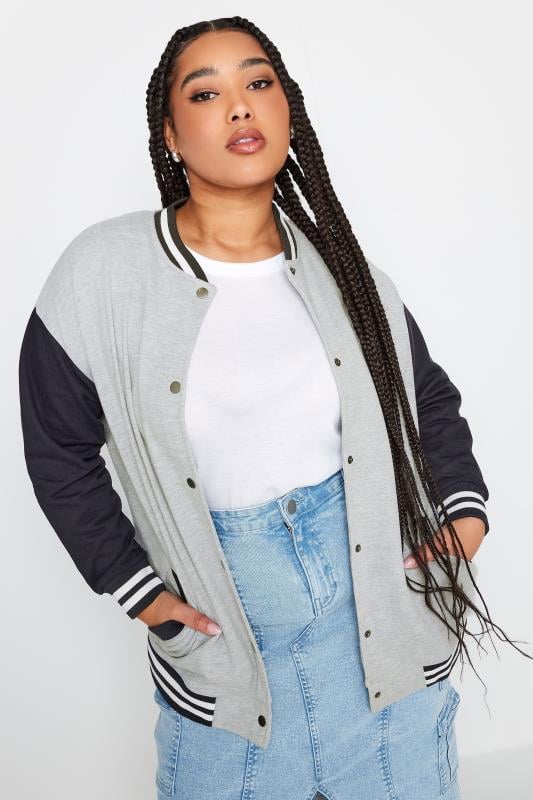 YOURS Plus Size Grey & Navy Blue Bomber Jacket | Yours Clothing 1