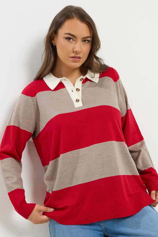  YOURS Curve Red Stripe Rugby Collar Jumper