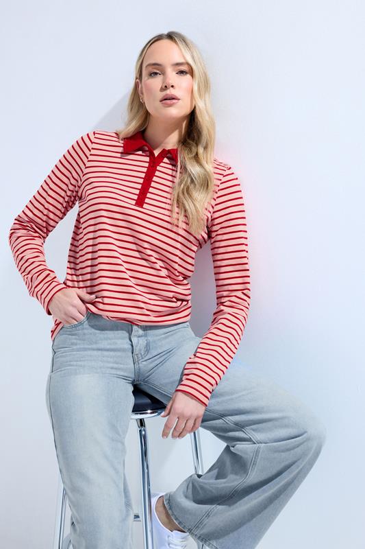 LTS Tall Red & Pink Stripe Polo Cotton T-Shirt