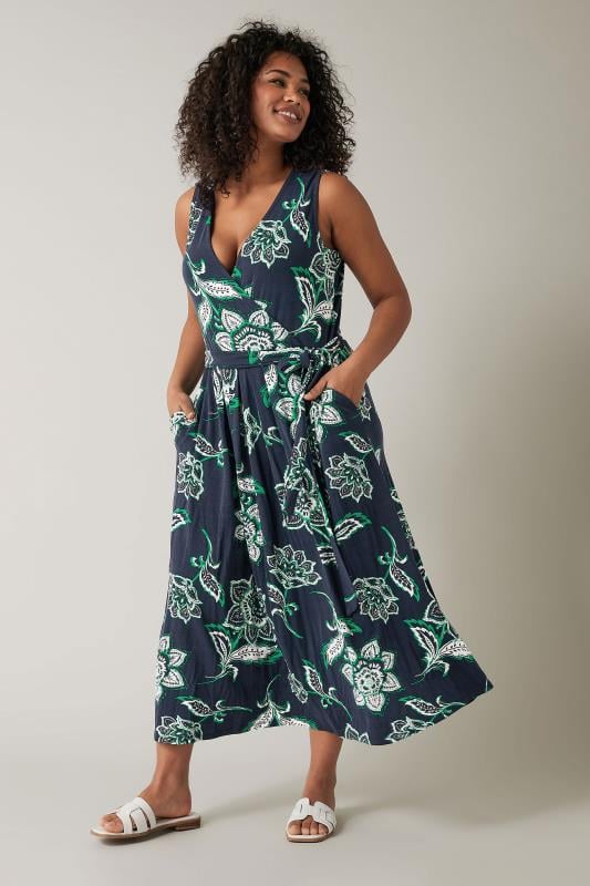 EVANS Plus Size Navy Blue & Green Paisley Print Wrap Dress | Evans  2