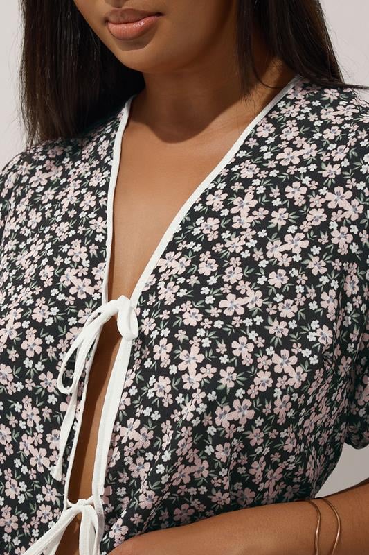 LIMITED COLLECTION Curve Black Ditsy Floral Bow Tie Front Top | Yours Clothing 4