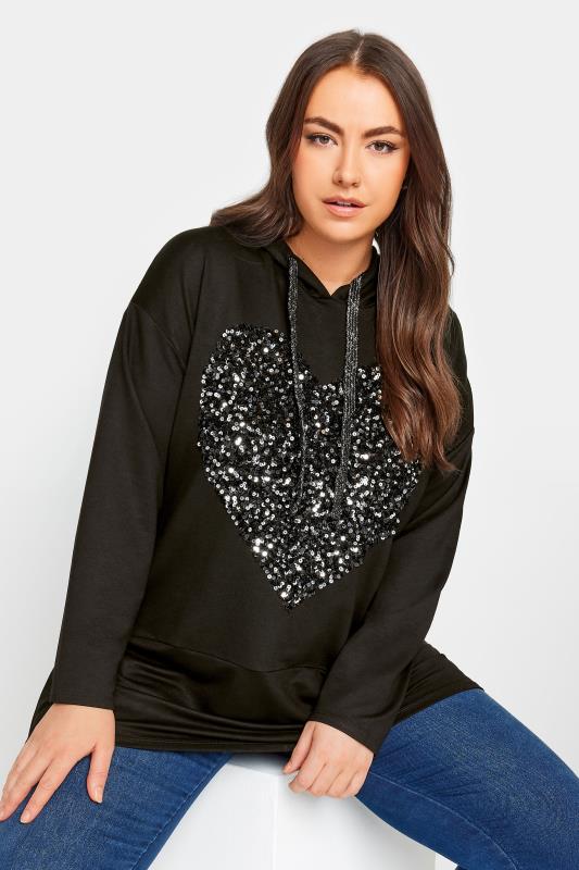 YOURS Plus Size Black Sequin Embellished Heart Longline Hoodie | Yours Clothing 1