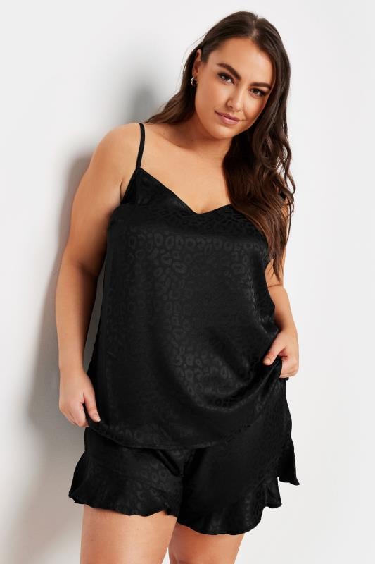 YOURS Plus Size Black Leopard Print Satin Pyjama Set | Yours Clothing  1