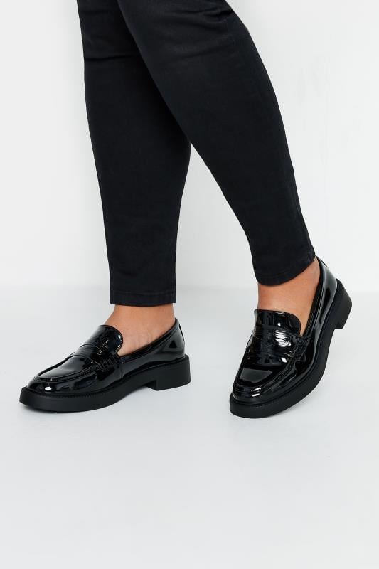 Black Patent Chunky Slip On Loafers In Wide E Fit & Extra Wide EEE Fit | Yours Clothing  1