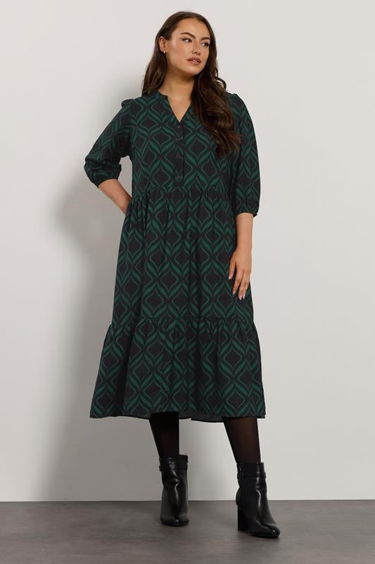 EVANS Plus Size Black Geometric Print Half Placket Dress | Evans 1