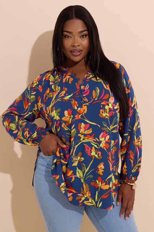 Plus Size  YOURS Curve Navy Blue Floral Button Detail Blouse
