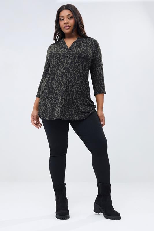 YOURS Plus Size Dark Green Leopard Print Placket Top | Yours Clothing 1