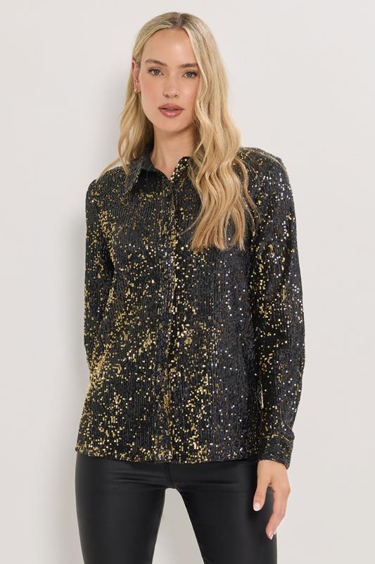 LTS Tall Black & Gold Sequin Embellished Shirt | Long Tall Sally 1