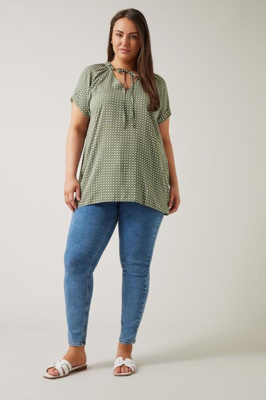 EVANS Plus Size Grey Dot Print Tie Neck Blouse | Evans 2